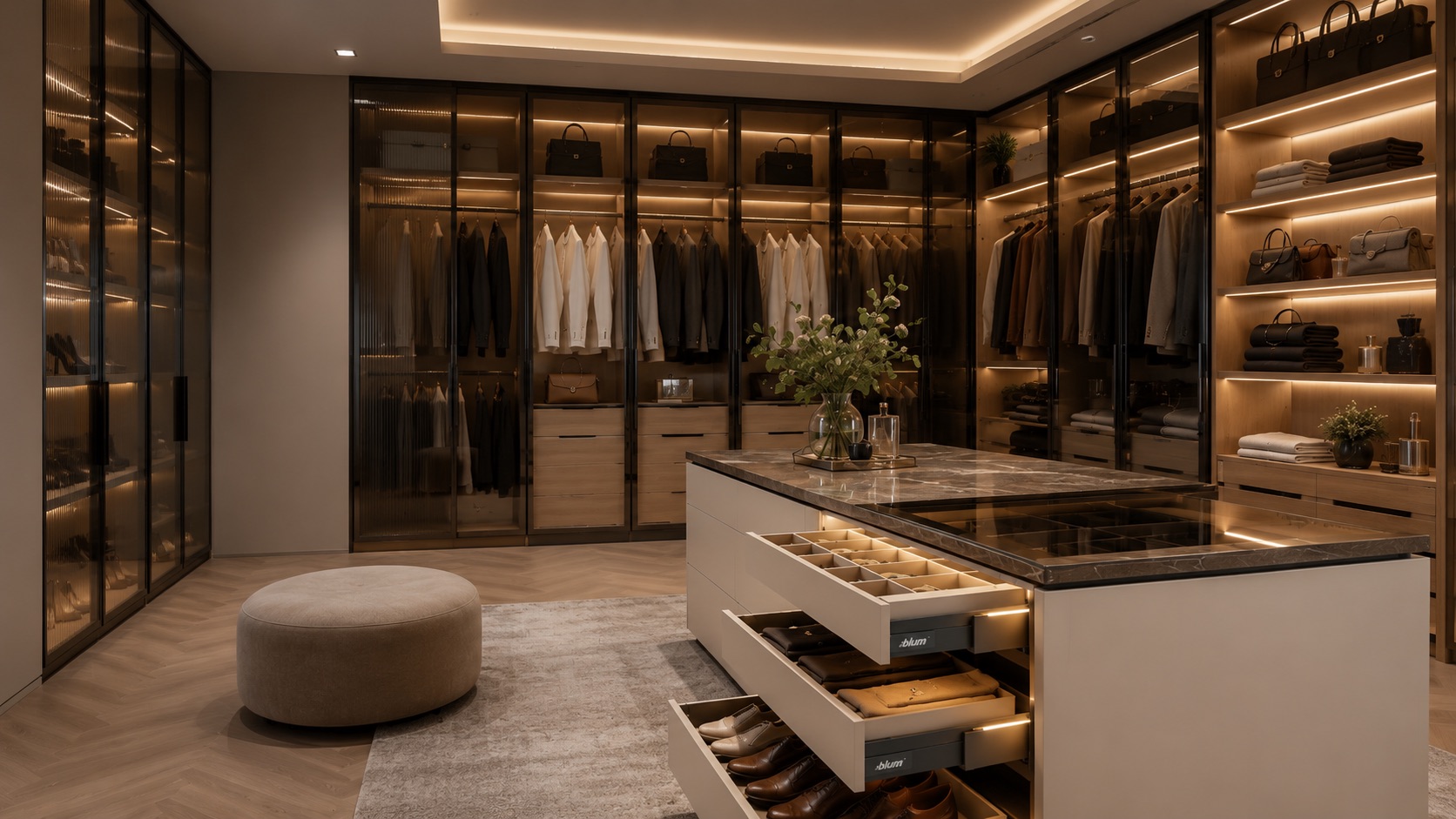 Walk-in wardrobe, LED shelving